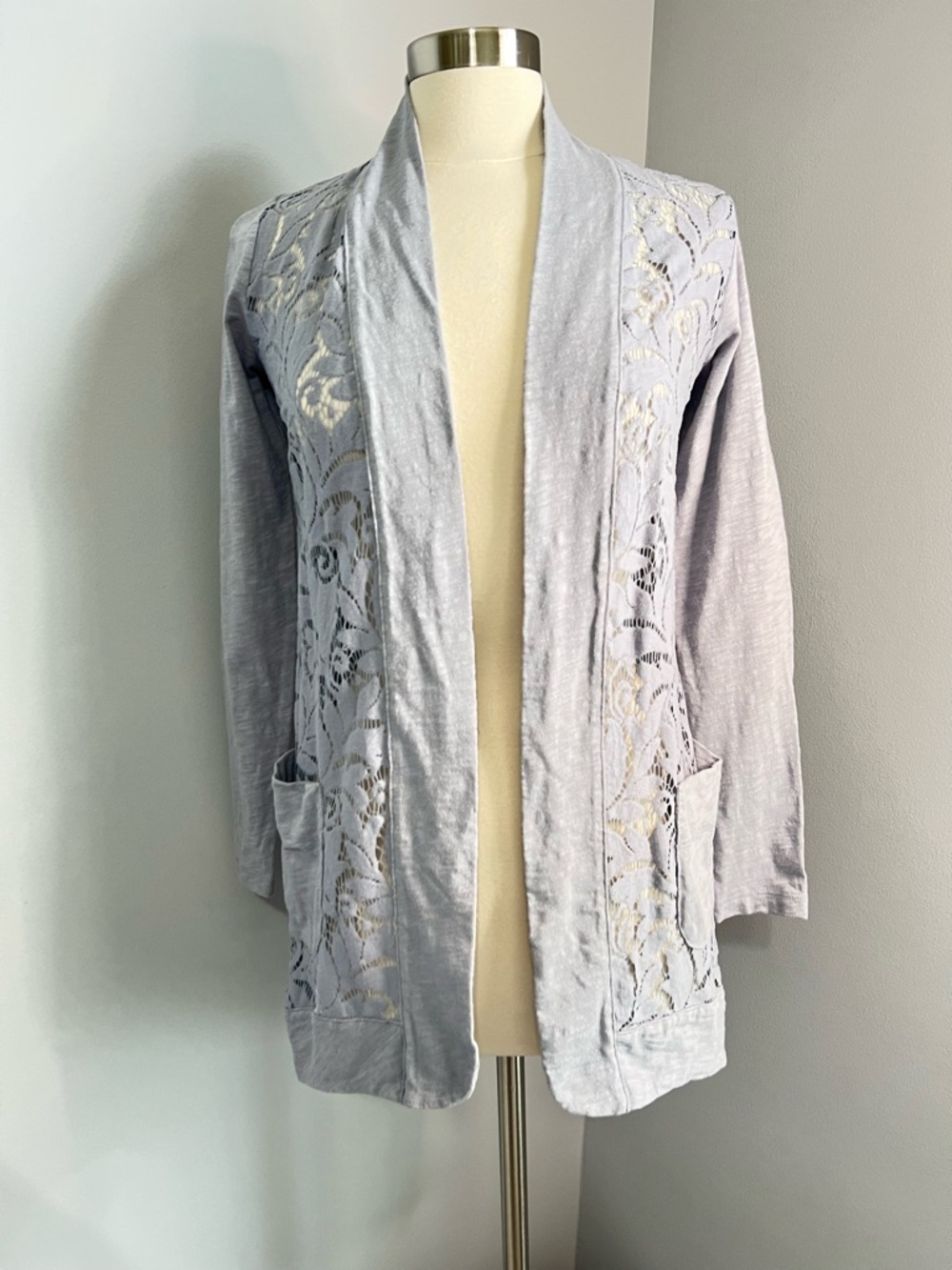 LOGO by Lori Goldstein Size XXS Gray Blue Open Front Slub Cardigan w/Lace Detail